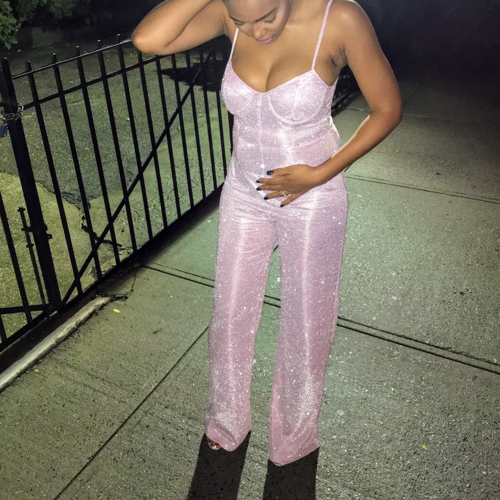Pink Glitter Wide Leg Jumpsuit